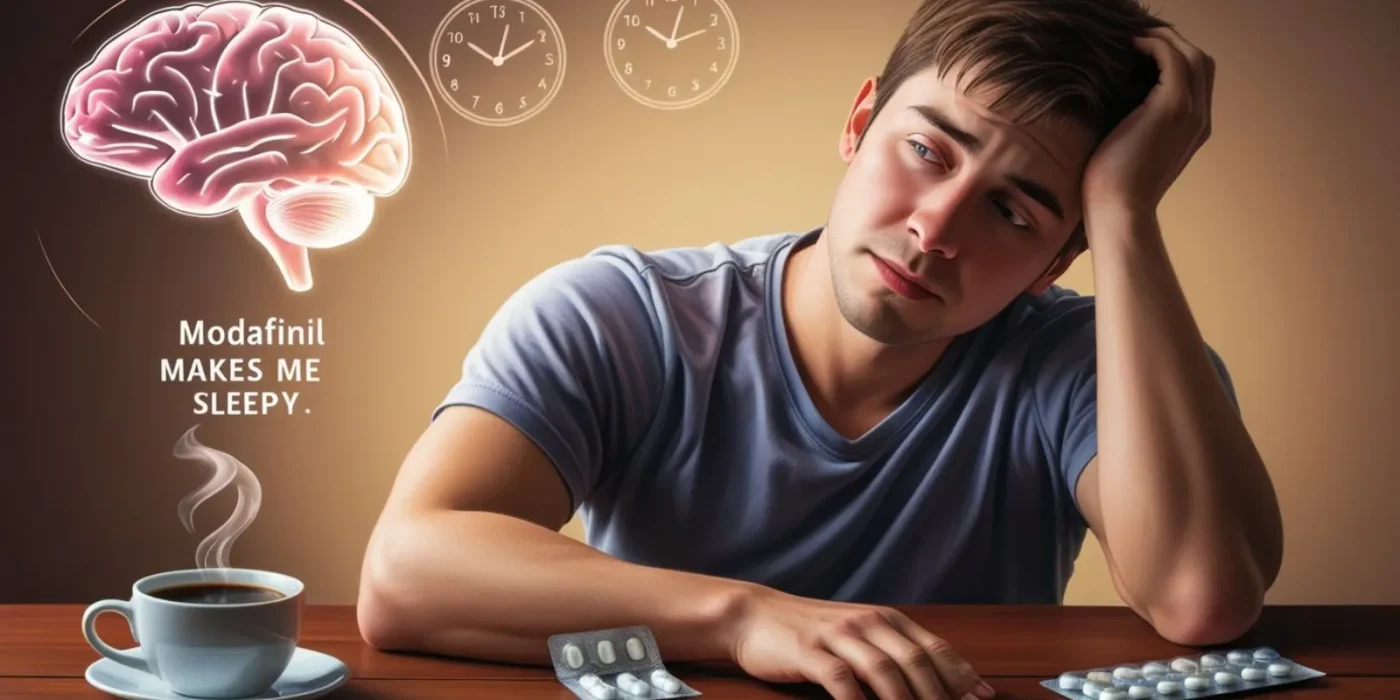 Modafinil makes me sleepy – tired man looking at Modafinil pills with coffee and brain icons in background.