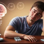 Modafinil makes me sleepy – tired man looking at Modafinil pills with coffee and brain icons in background.