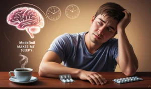 Modafinil makes me sleepy – tired man looking at Modafinil pills with coffee and brain icons in background.