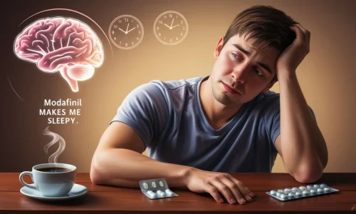 Modafinil makes me sleepy – tired man looking at Modafinil pills with coffee and brain icons in background.