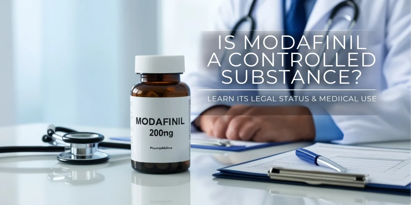 Modafinil 200mg bottle on doctor’s desk with stethoscope- learn if Modafinil is a controlled substance