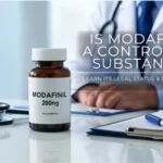 Modafinil 200mg bottle on doctor’s desk with stethoscope- learn if Modafinil is a controlled substance