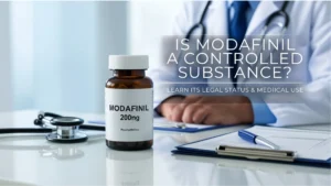 Modafinil 200mg bottle on doctor’s desk with stethoscope- learn if Modafinil is a controlled substance