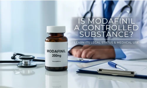 Modafinil 200mg bottle on doctor’s desk with stethoscope- learn if Modafinil is a controlled substance