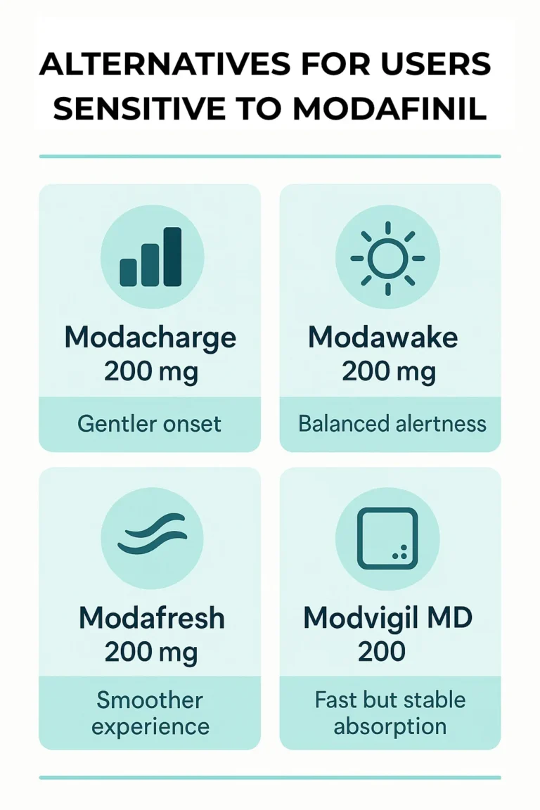 Visual comparison of Modafresh, Modawake, Modacharge and Modvigil MD as alternatives to Modafinil