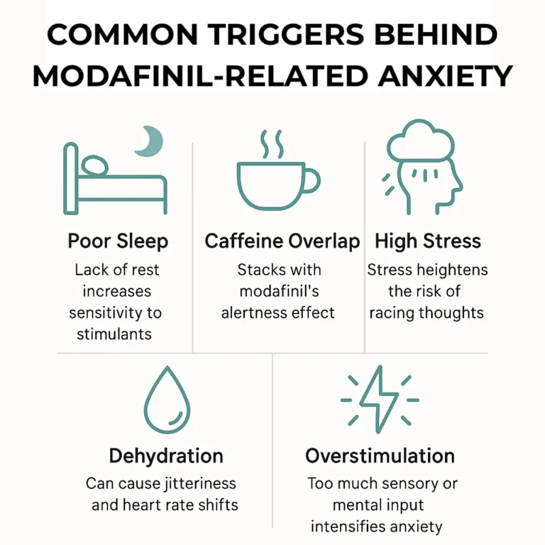 Visual list of Modafinil anxiety triggers including poor sleep, caffeine overlap, stress, dehydration and overstimulation