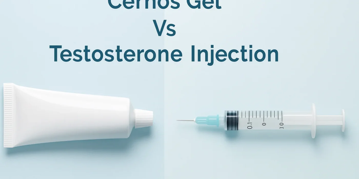 Illustration showing a testosterone gel tube and a syringe side by side to represent the comparison between Cernos Gel and testosterone injections.