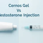 Illustration showing a testosterone gel tube and a syringe side by side to represent the comparison between Cernos Gel and testosterone injections.