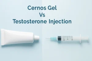 Illustration showing a testosterone gel tube and a syringe side by side to represent the comparison between Cernos Gel and testosterone injections.