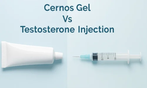 Illustration showing a testosterone gel tube and a syringe side by side to represent the comparison between Cernos Gel and testosterone injections.