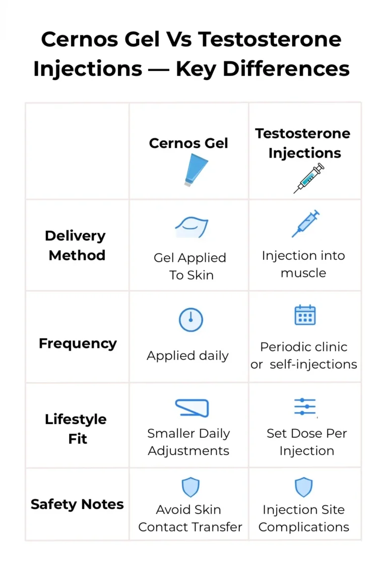 cernos testosterone gel review: Comparison chart showing delivery method, frequency, lifestyle fit and safety notes for Cernos Gel and testosterone injections.