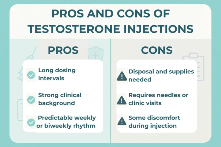 nfographic outlining benefits and drawbacks of testosterone injections, such as fewer applications and needle-related considerations.