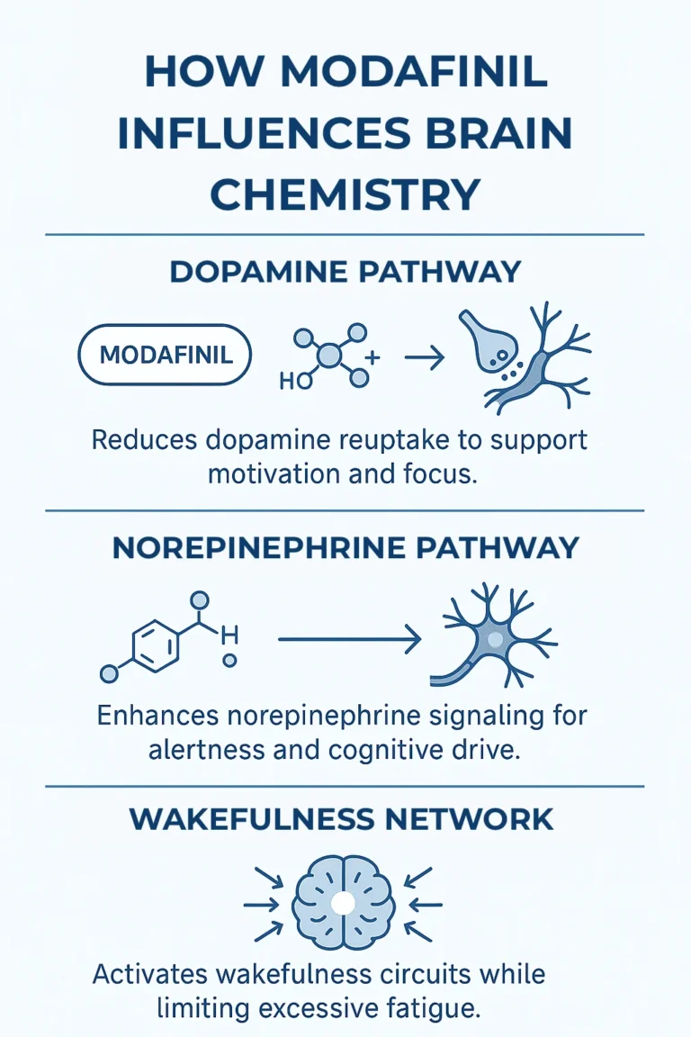 Diagram showing Modafinil’s effects on dopamine, norepinephrine and wakefulness pathways