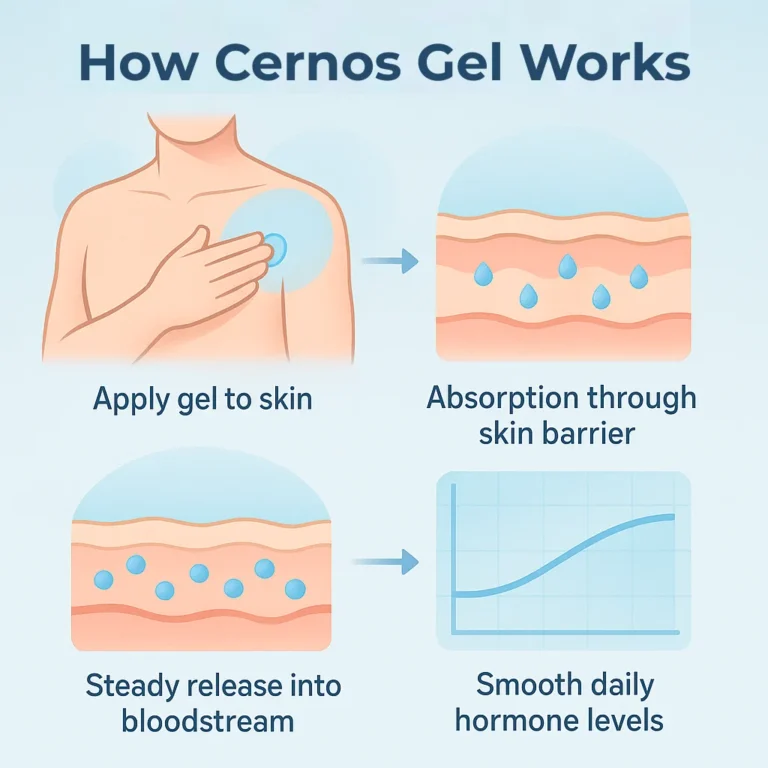 Step-by-step visual showing how Cernos Gel is applied and absorbed through the skin for steady hormone release.