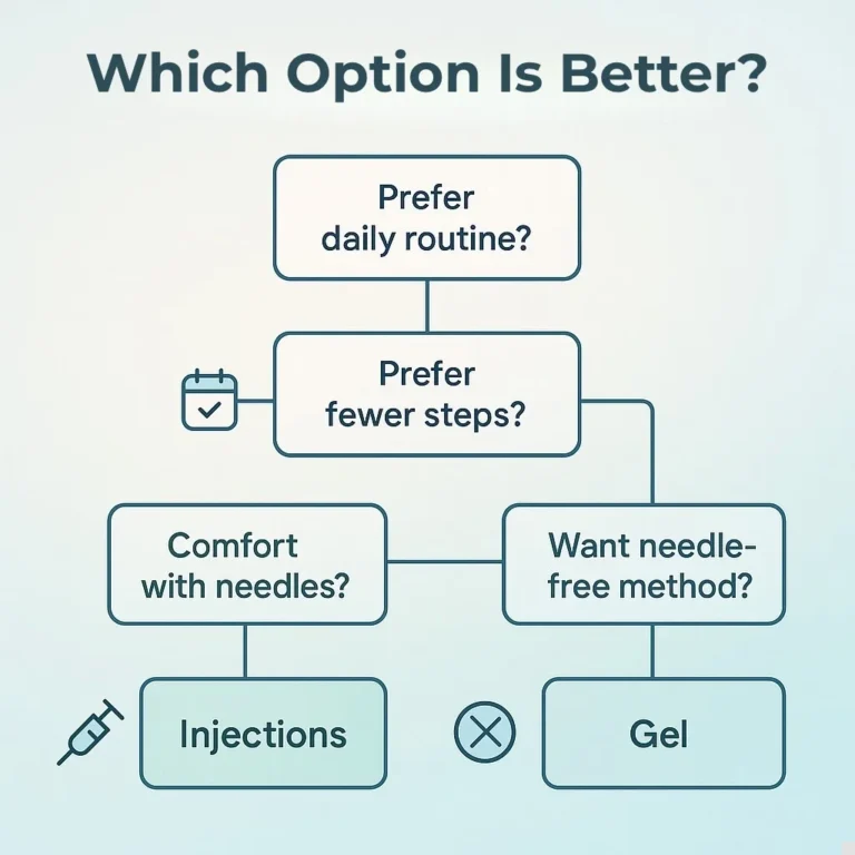 Decision flowchart helping users choose between Cernos Gel and testosterone injections based on routine and comfort.
