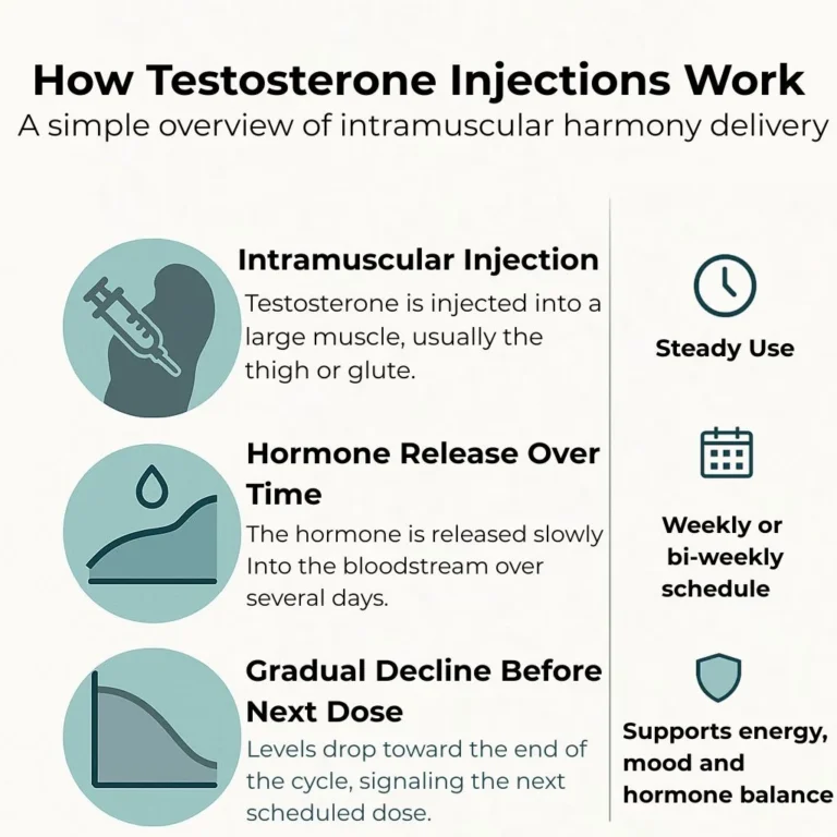 Illustration showing intramuscular testosterone injection, hormone release over time and gradual decline before the next dose.
