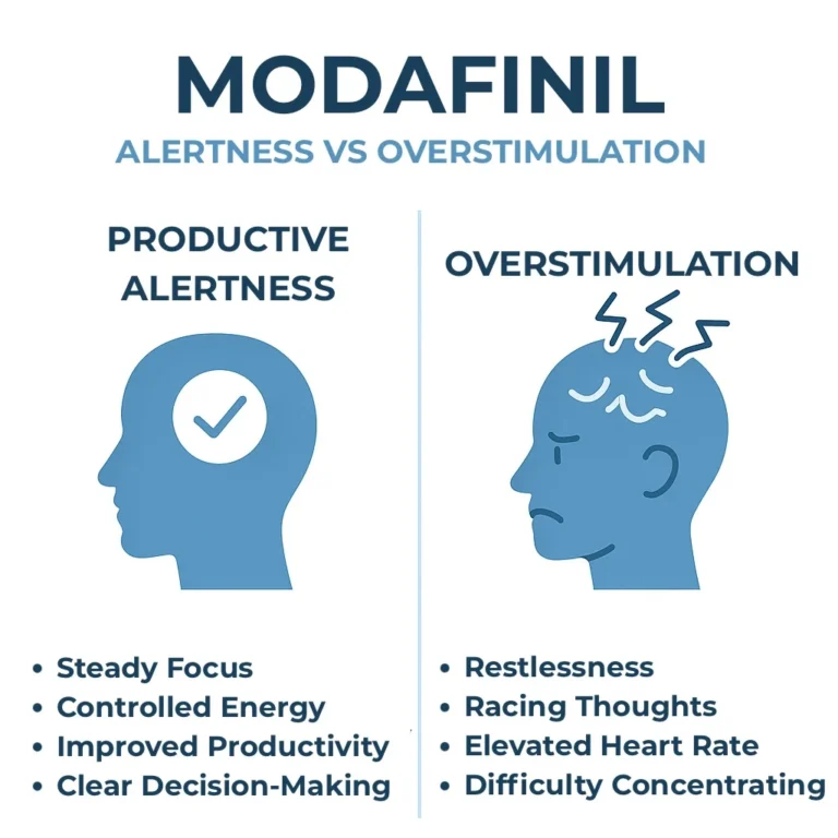 Comparison graphic showing differences between productive alertness and overstimulation on Modafinil