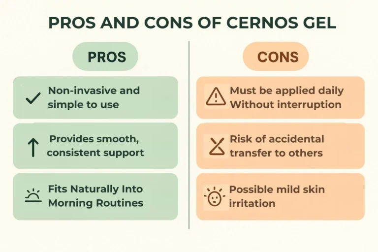 Infographic listing pros and cons of Cernos Gel, including non-invasive use, smooth absorption and daily application requirements.