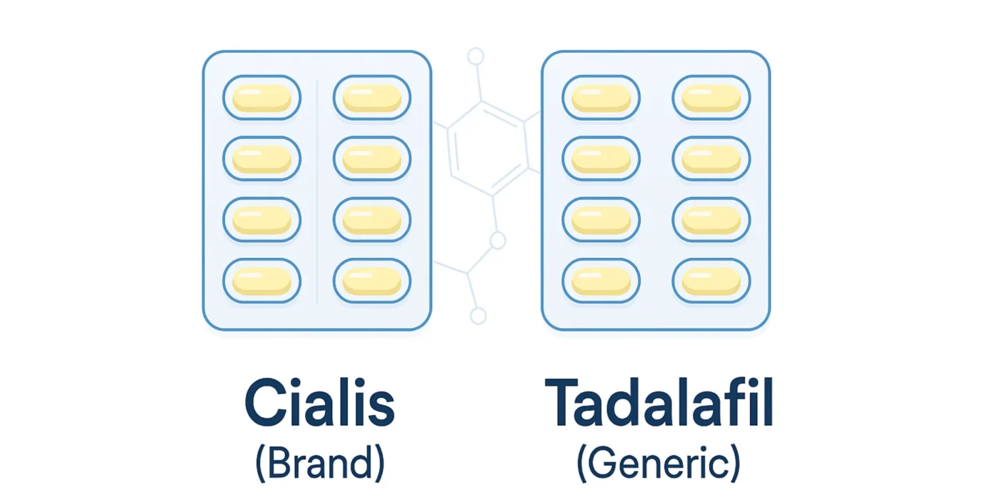Cover illustration for article explaining whether Tadalafil is a generic or brand name.