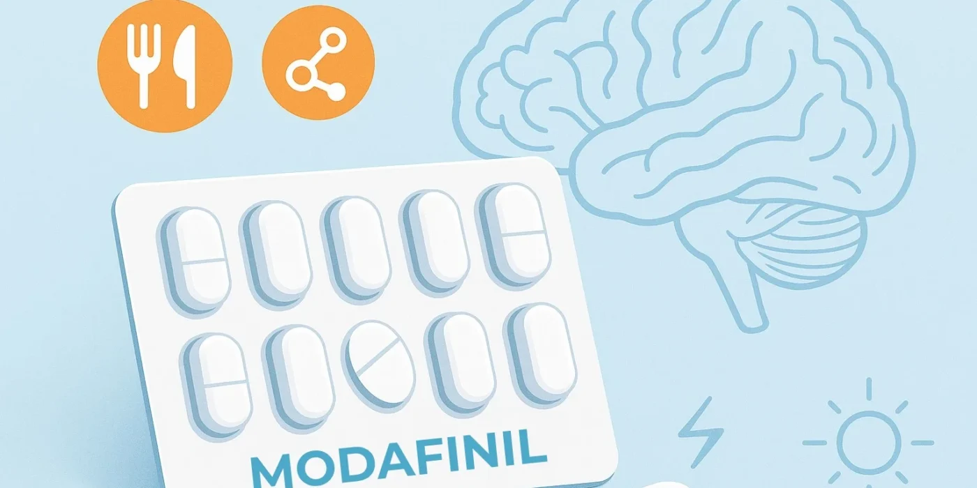 Clean medical illustration featuring Modafinil tablets, a subtle brain outline, and icons for appetite, metabolism, and wakefulness in blue and orange tones.
