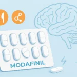 Clean medical illustration featuring Modafinil tablets, a subtle brain outline, and icons for appetite, metabolism, and wakefulness in blue and orange tones.