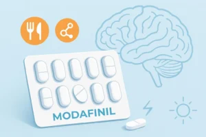 Clean medical illustration featuring Modafinil tablets, a subtle brain outline, and icons for appetite, metabolism, and wakefulness in blue and orange tones.