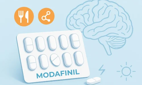 Clean medical illustration featuring Modafinil tablets, a subtle brain outline, and icons for appetite, metabolism, and wakefulness in blue and orange tones.