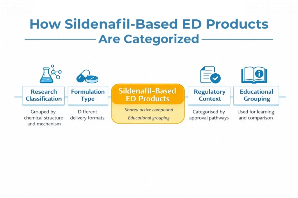 Horizontal educational infographic showing how sildenafil-based ED products are categorised by research classification, formulation type, regulatory context, and educational grouping.
