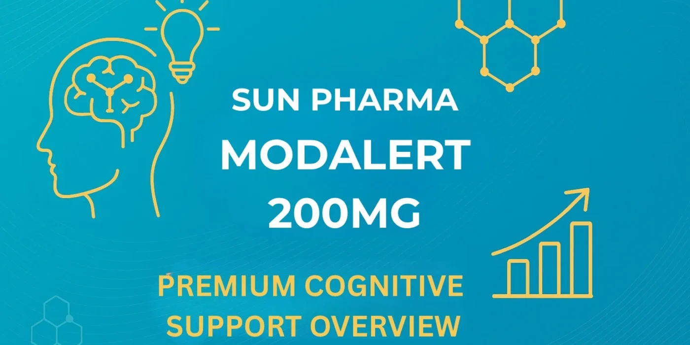 Clean modern graphic featuring molecular shapes and productivity icons with the text “Sun Pharma Modalert 200 mg – Premium Cognitive Support Overview” in Modalerts.com brand colors.