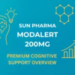 Clean modern graphic featuring molecular shapes and productivity icons with the text “Sun Pharma Modalert 200 mg – Premium Cognitive Support Overview” in Modalerts.com brand colors.