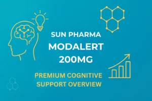 Clean modern graphic featuring molecular shapes and productivity icons with the text “Sun Pharma Modalert 200 mg – Premium Cognitive Support Overview” in Modalerts.com brand colors.