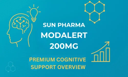 Clean modern graphic featuring molecular shapes and productivity icons with the text “Sun Pharma Modalert 200 mg – Premium Cognitive Support Overview” in Modalerts.com brand colors.