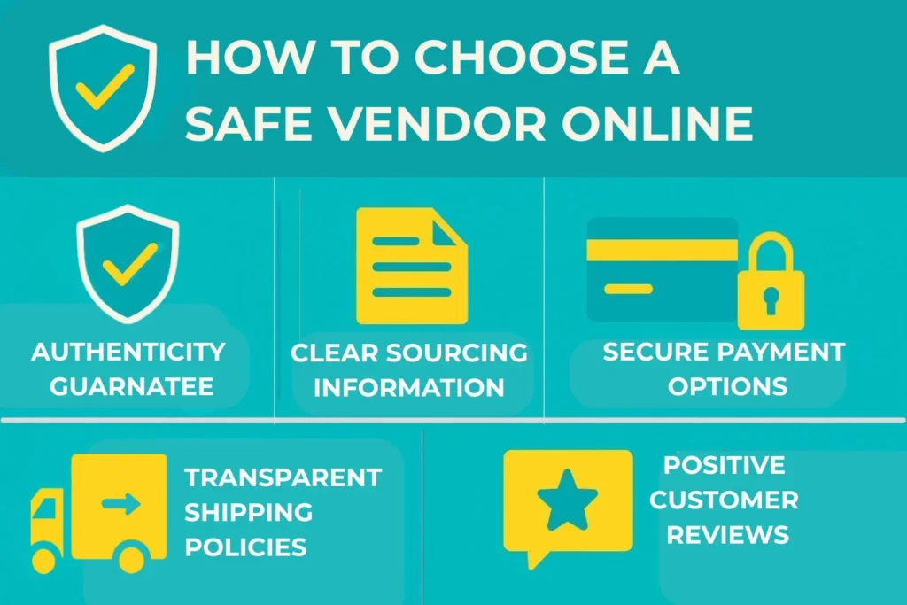 Infographic showing five key factors for choosing a safe online vendor: authenticity guarantee, clear sourcing information, secure payment options, transparent shipping policies, and positive customer reviews. Uses Modalerts.com brand colors teal #17CCD3 and yellow #EFB33A.