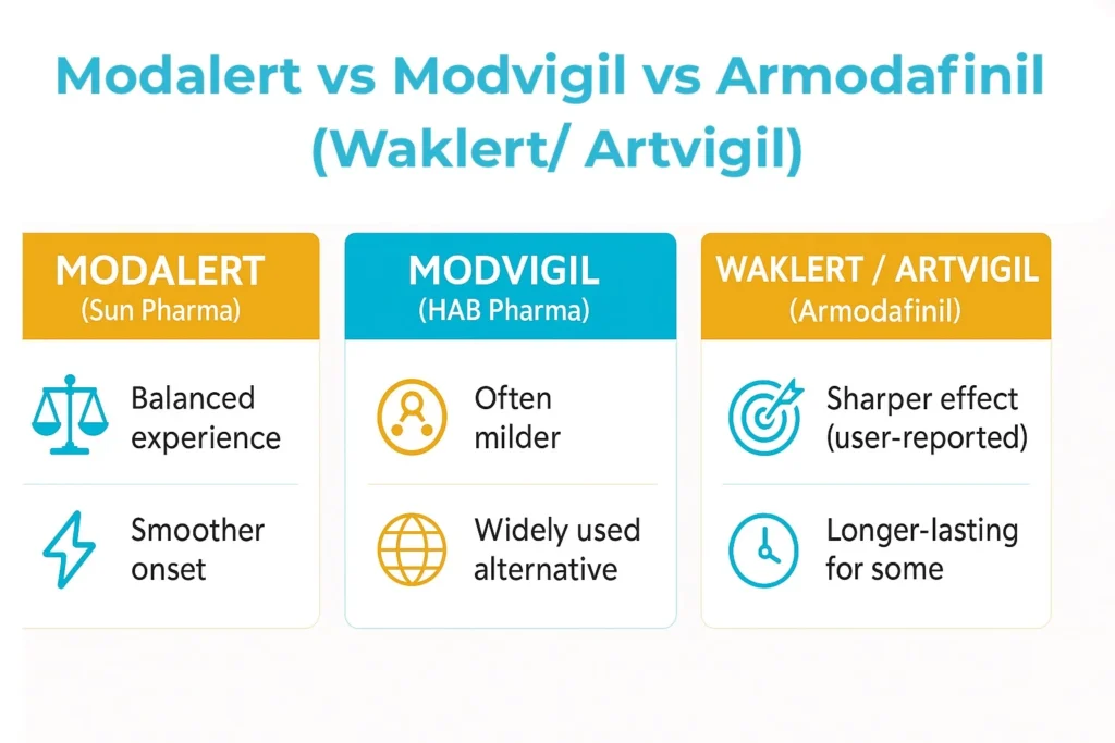 Three-column infographic comparing Modalert, Modvigil, and Armodafinil (Waklert/Artvigil) with benefits, manufacturer names, and key differences in teal and orange brand colors.