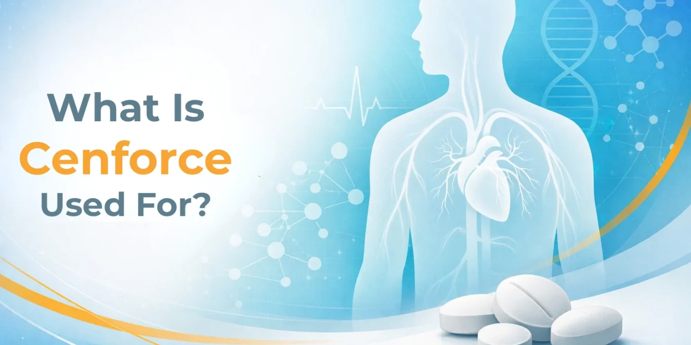 Illustration showing a human silhouette with vascular and scientific graphics explaining what Cenforce is used for in medical research context