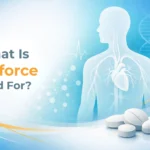 Illustration showing a human silhouette with vascular and scientific graphics explaining what Cenforce is used for in medical research context