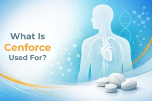 Illustration showing a human silhouette with vascular and scientific graphics explaining what Cenforce is used for in medical research context