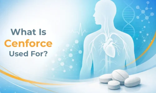 Illustration showing a human silhouette with vascular and scientific graphics explaining what Cenforce is used for in medical research context