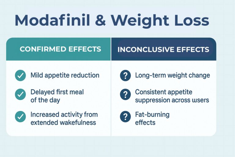 Two-column clinical infographic showing confirmed and inconclusive effects of Modafinil on weight loss, with checkmarks for appetite reduction and question marks for unproven fat-burning claims.