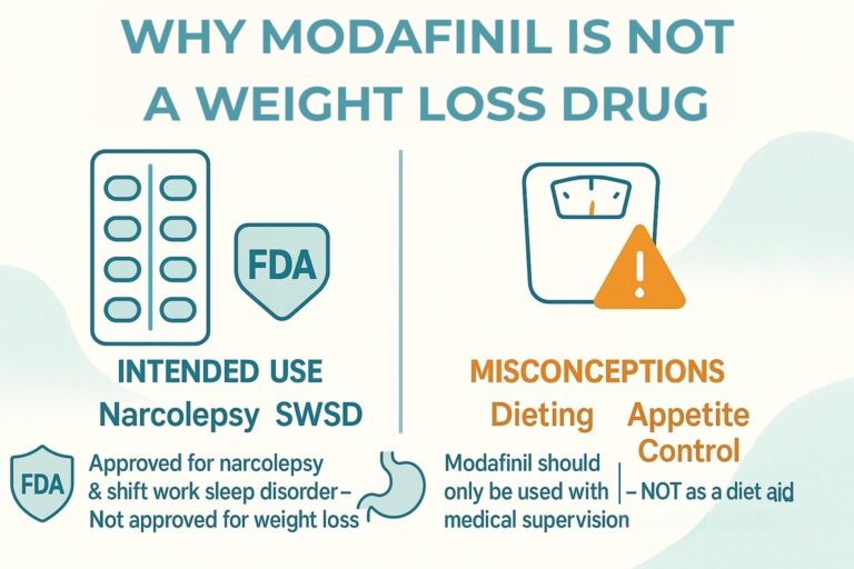 Infographic explaining why Modafinil is not approved for weight loss, comparing intended medical uses with common misconceptions.