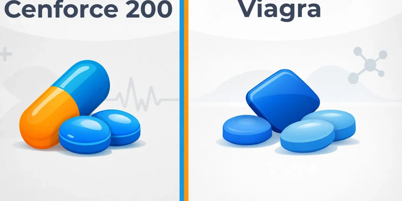 Split-screen comparison image showing abstract capsule illustrations labeled Cernforce 200 and Viagra on a clean medical background