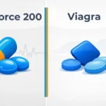Split-screen comparison image showing abstract capsule illustrations labeled Cernforce 200 and Viagra on a clean medical background
