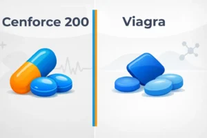 Split-screen comparison image showing abstract capsule illustrations labeled Cernforce 200 and Viagra on a clean medical background