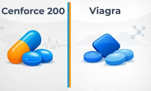 Split-screen comparison image showing abstract capsule illustrations labeled Cernforce 200 and Viagra on a clean medical background