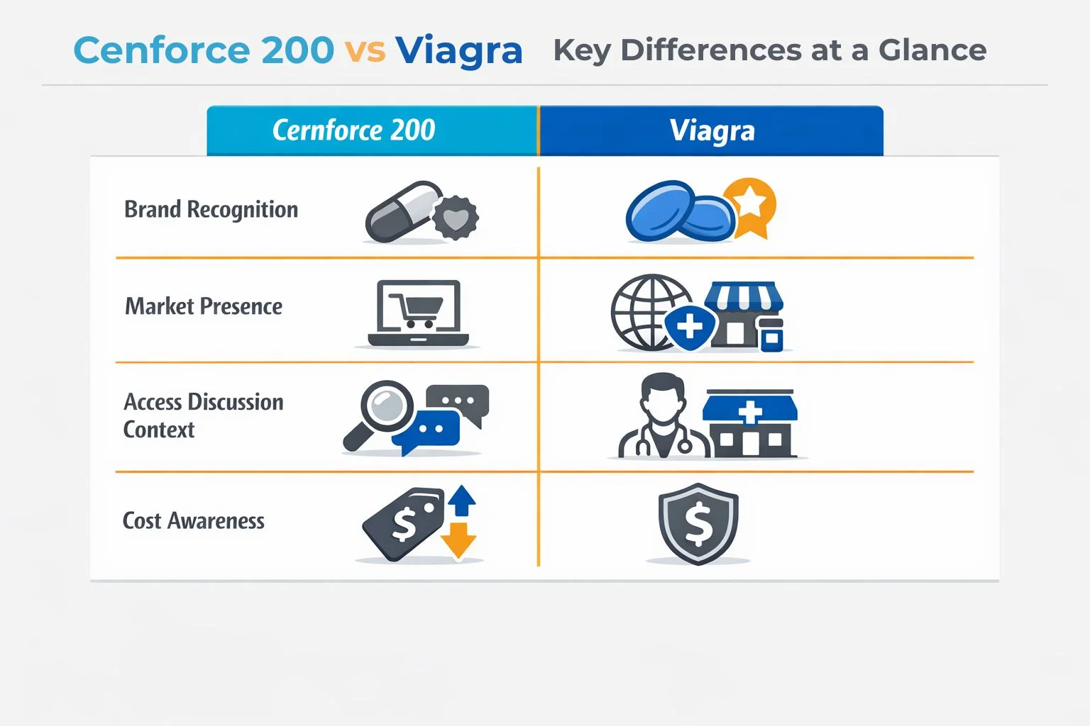 Cernforce 200 vs Viagra comparison infographic highlighting brand recognition, market presence, access discussion context, and cost awareness in a clean two-column layout