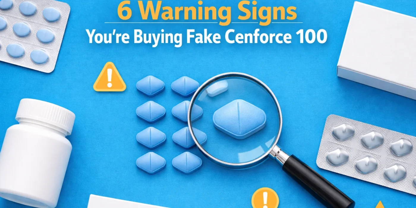 Flat-lay image of unbranded blue tablets with a magnifying glass and pharmaceutical packaging illustrating how to identify fake Cenforce 100.