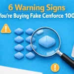 Flat-lay image of unbranded blue tablets with a magnifying glass and pharmaceutical packaging illustrating how to identify fake Cenforce 100.