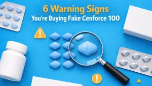 Flat-lay image of unbranded blue tablets with a magnifying glass and pharmaceutical packaging illustrating how to identify fake Cenforce 100.