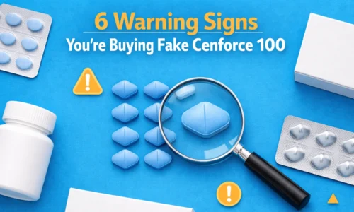 Flat-lay image of unbranded blue tablets with a magnifying glass and pharmaceutical packaging illustrating how to identify fake Cenforce 100.