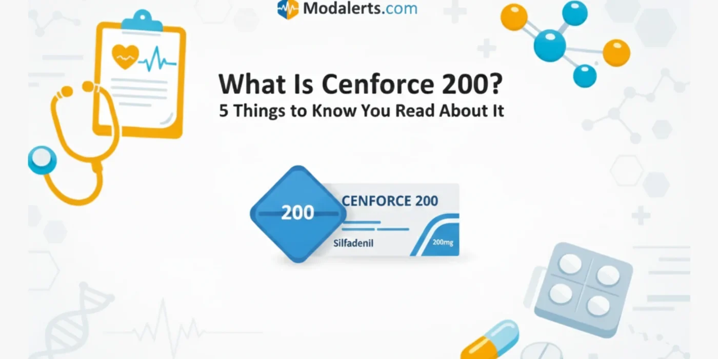 Illustrated medical explainer showing what Cenforce 200 is, with informational healthcare graphics and educational layout
